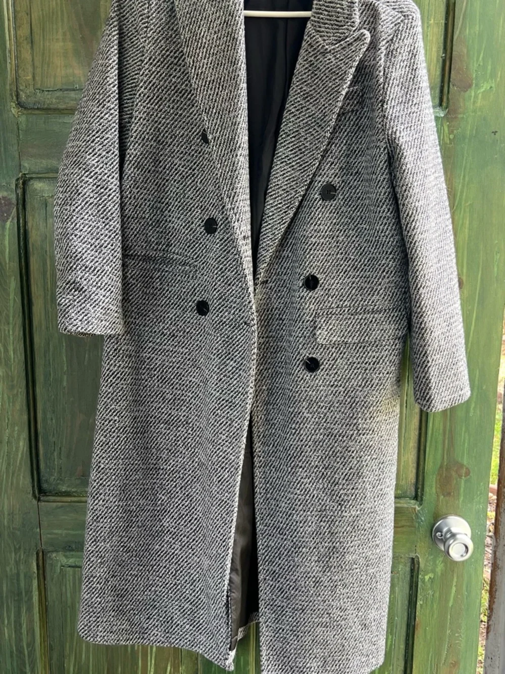 Pink Diamond Oversized Double-Breasted Herringbone Pea Coat - Black & White - Picture 2 of 6